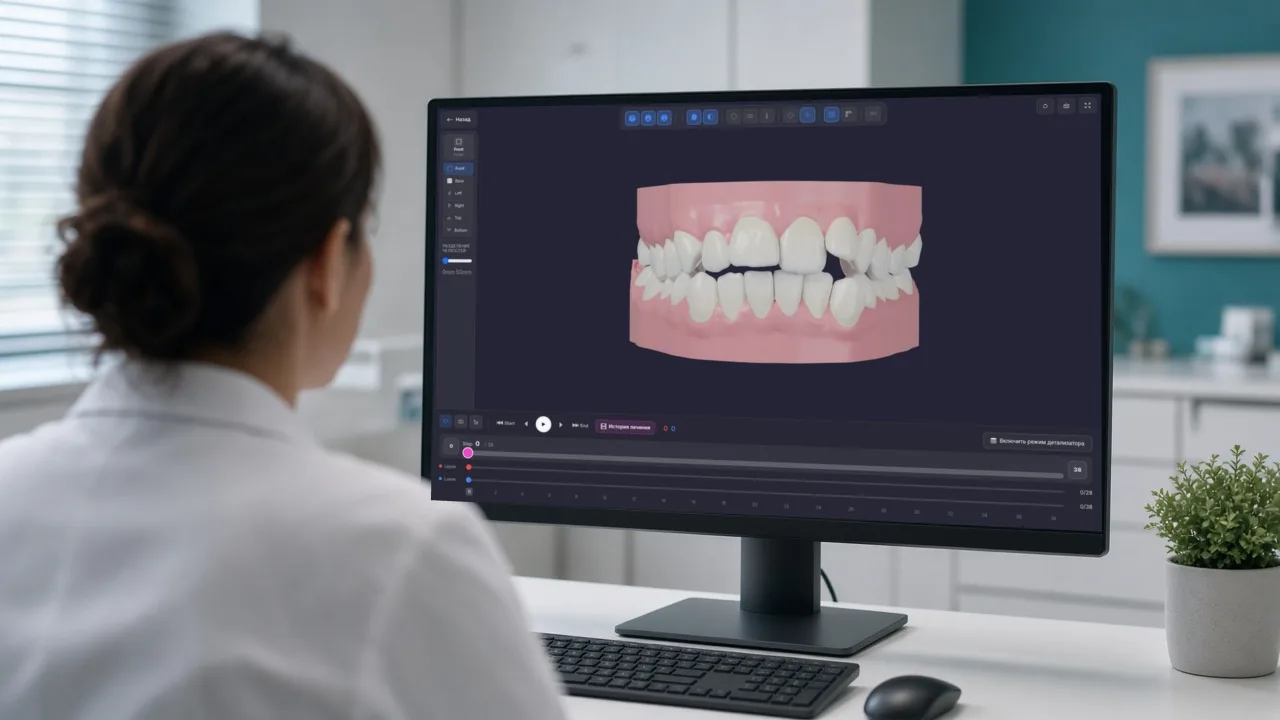 Врач просматривает 3D-сетап в кабинете New Line Aligners